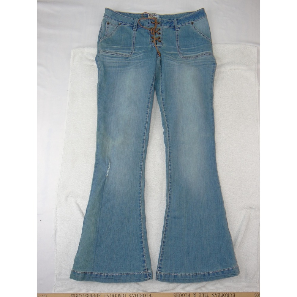 VTG Mudd Womens Flare Jeans Light Wash Lace Up Front Braided Pockets Size 11 - Picture 8 of 8